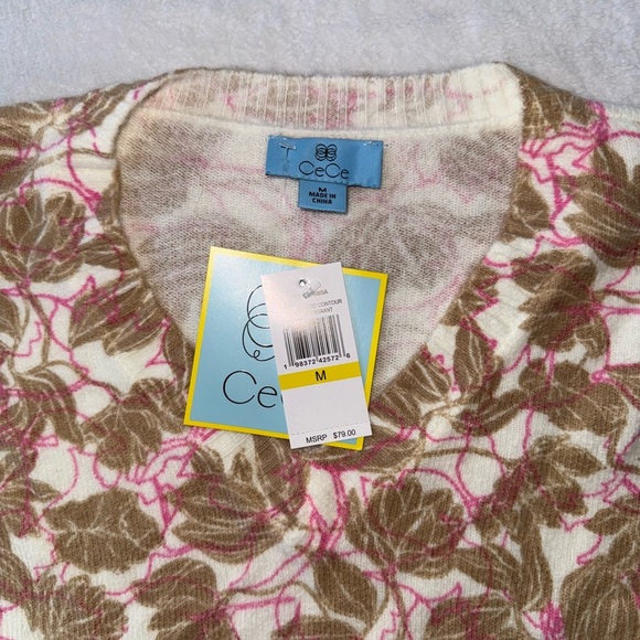 CeCe Women  Medium V-Neck Sweater Soft Knit Beige Pink Leaf Pattern Pullover NWT - Picture 11 of 12